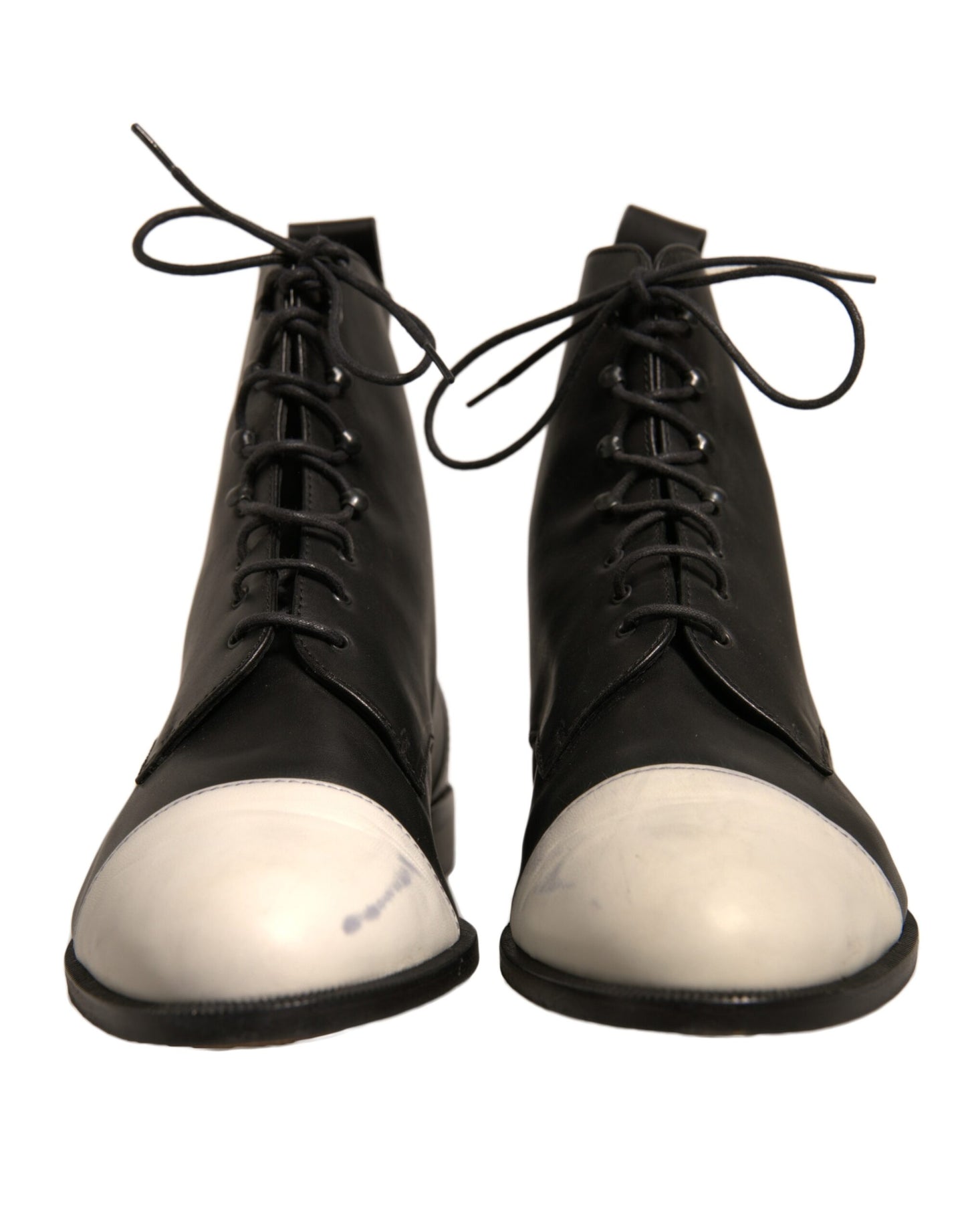 Sergio Rossi Black White Leather Lace Up Flats Ankle Boots Shoes