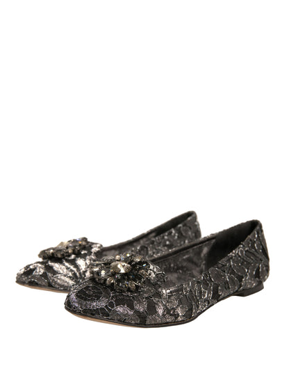 Dolce & Gabbana Silver Crystal Loafer Lace Ballet Flats Shoes