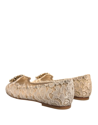 Dolce & Gabbana Beige Crystal Loafer Lace Ballet Flats Shoes