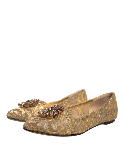 Dolce & Gabbana Gold Crystal Loafer Lace Ballet Flats Shoes