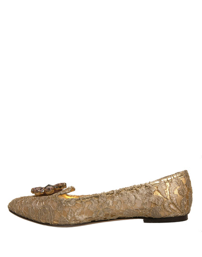 Dolce & Gabbana Gold Crystal Loafer Lace Ballet Flats Shoes