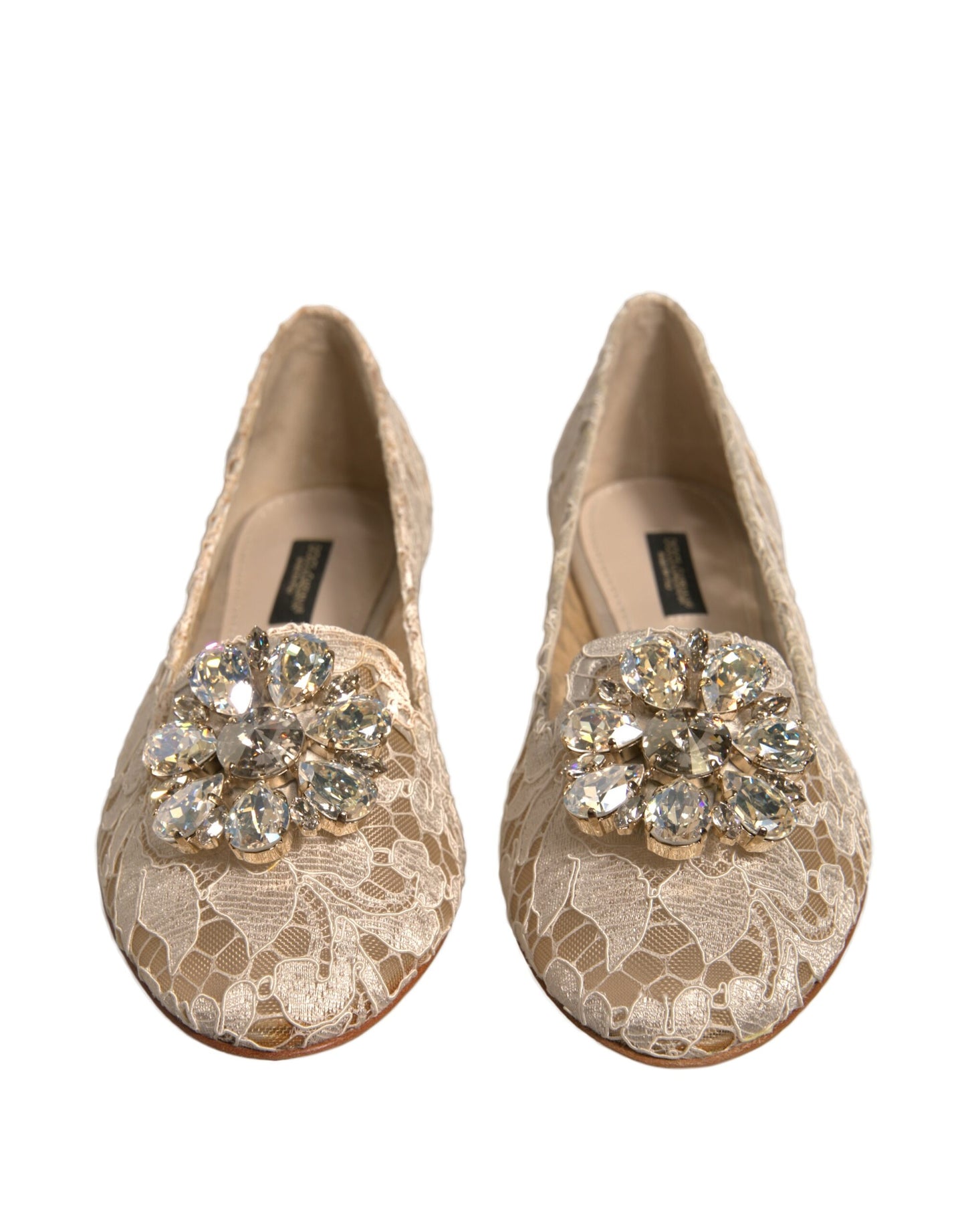 Dolce & Gabbana Beige Crystal Loafer Lace Ballet Flats Shoes