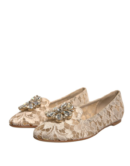 Dolce & Gabbana Beige Crystal Loafer Lace Ballet Flats Shoes