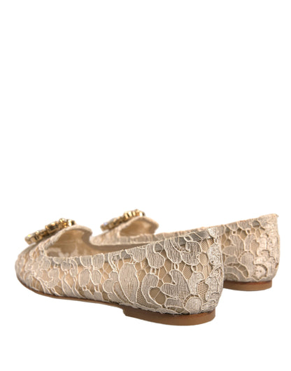 Dolce & Gabbana Beige Crystal Loafer Lace Ballet Flats Shoes