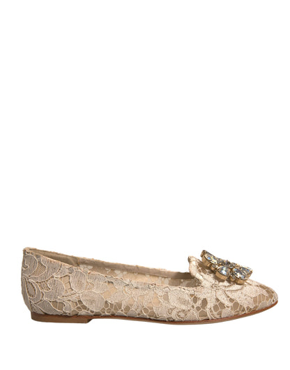 Dolce & Gabbana Beige Crystal Loafer Lace Ballet Flats Shoes