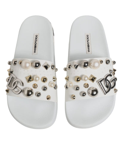 Dolce & Gabbana White Embellished Slides Sandals Shoes