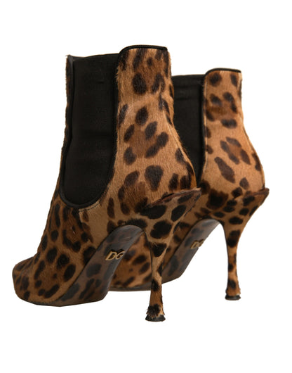 Dolce & Gabbana Brown Leopard Leather Stretch Heels Boots Shoes