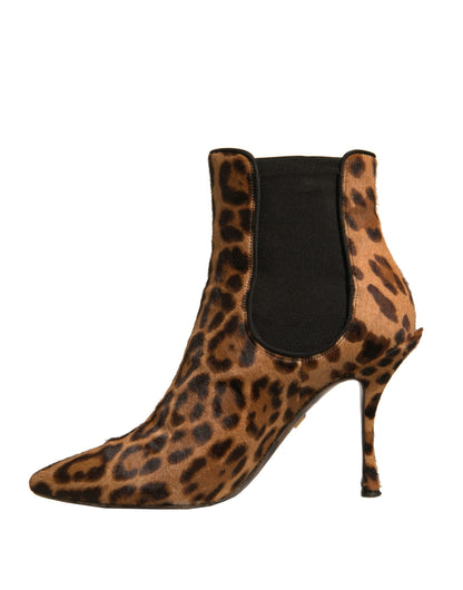 Dolce & Gabbana Brown Leopard Leather Stretch Heels Boots Shoes