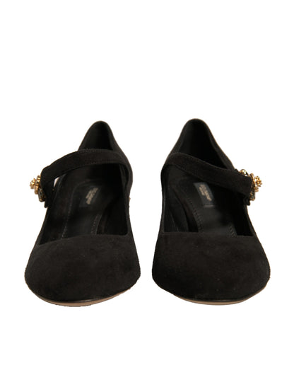 Dolce & Gabbana Black Suede Jewelled Mary Jane Pumps Shoes