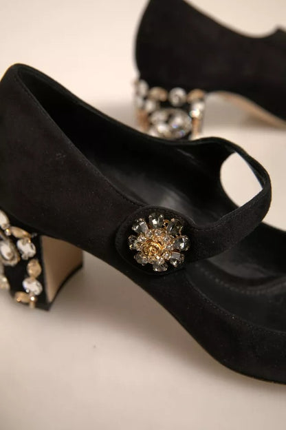 Dolce & Gabbana Black Suede Jewelled Mary Jane Pumps Shoes