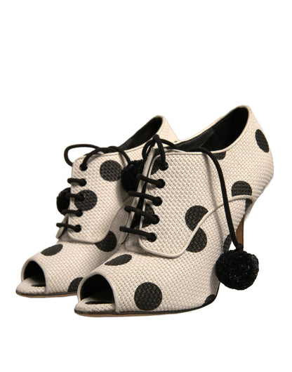 Dolce & Gabbana White Black Polka Dot Peep Toe Ankle Boots Shoes