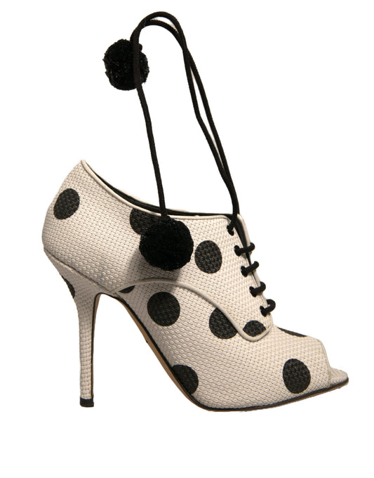 Dolce & Gabbana White Black Polka Dot Peep Toe Ankle Boots Shoes