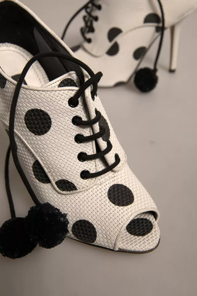 Dolce & Gabbana White Black Polka Dot Peep Toe Ankle Boots Shoes