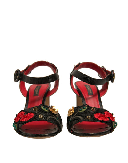 Dolce & Gabbana Black Embossed Carnation Heeled Sandals Shoes