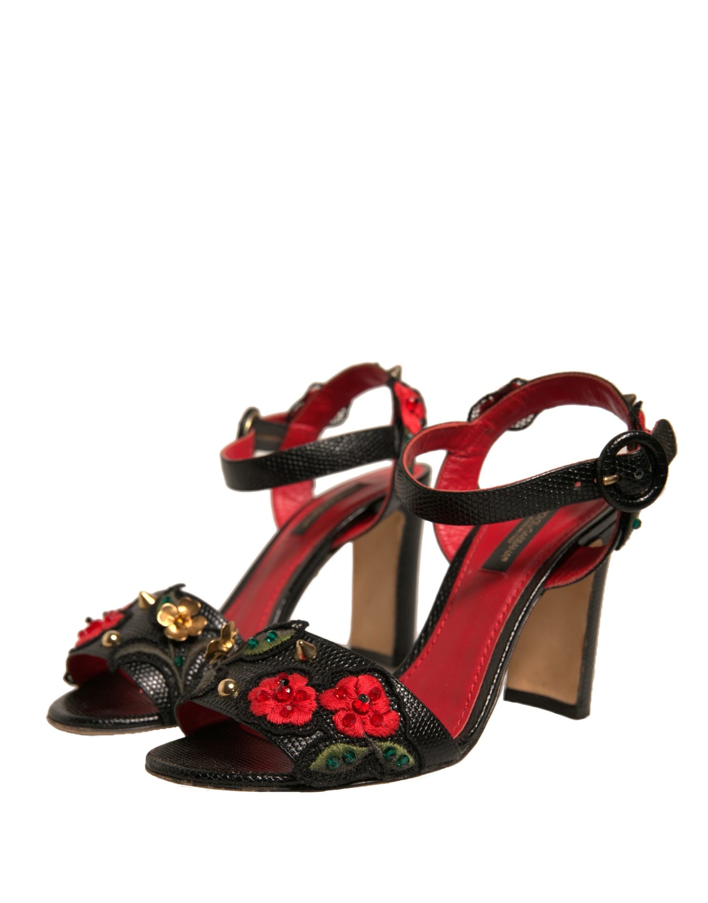 Dolce & Gabbana Black Embossed Carnation Heeled Sandals Shoes