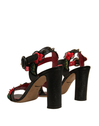 Dolce & Gabbana Black Embossed Carnation Heeled Sandals Shoes