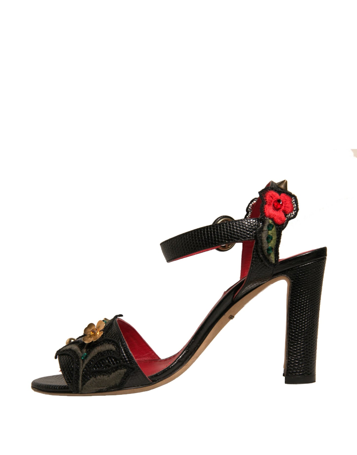 Dolce & Gabbana Black Embossed Carnation Heeled Sandals Shoes