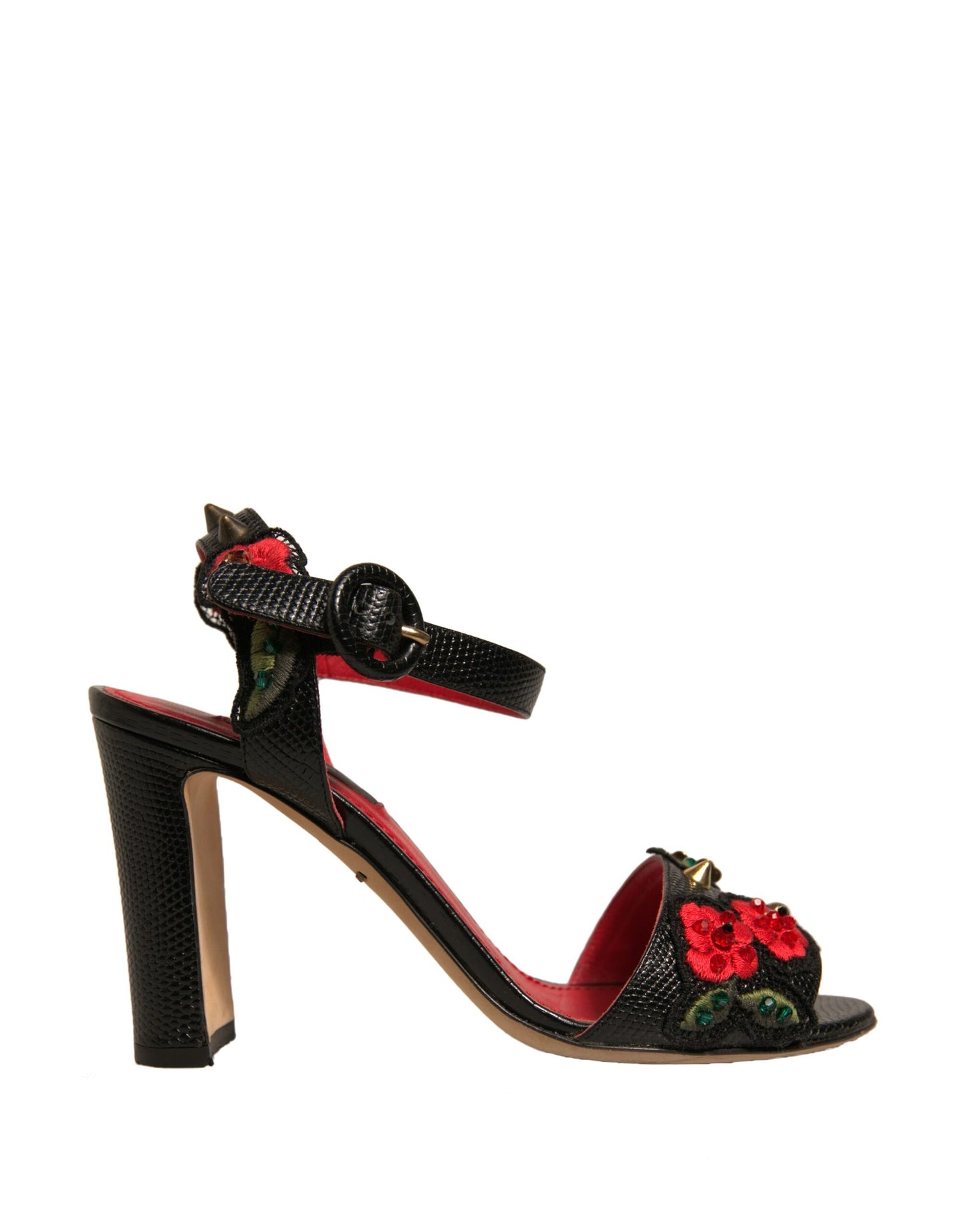 Dolce & Gabbana Black Embossed Carnation Heeled Sandals Shoes