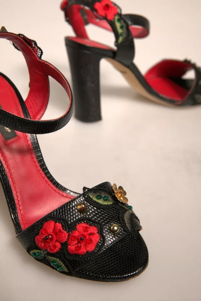 Dolce & Gabbana Black Embossed Carnation Heeled Sandals Shoes