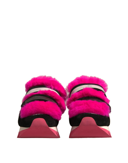 Dolce & Gabbana Black Pink Fur Embellished Sneakers Shoes