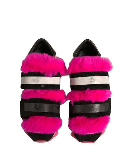 Dolce & Gabbana Black Pink Fur Embellished Sneakers Shoes