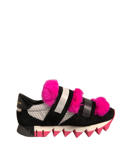 Dolce & Gabbana Black Pink Fur Embellished Sneakers Shoes