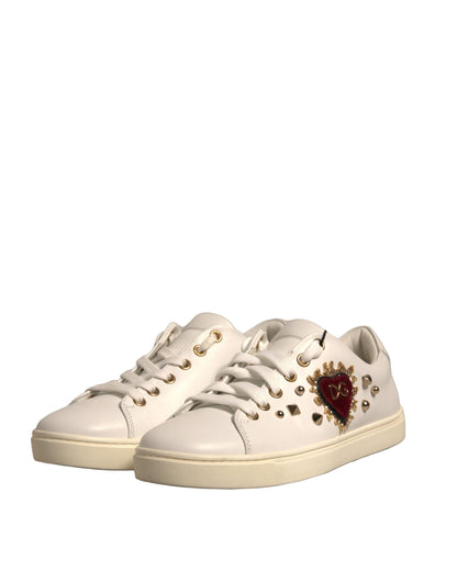 Dolce & Gabbana White Leather Gold Red Heart Sneakers Shoes