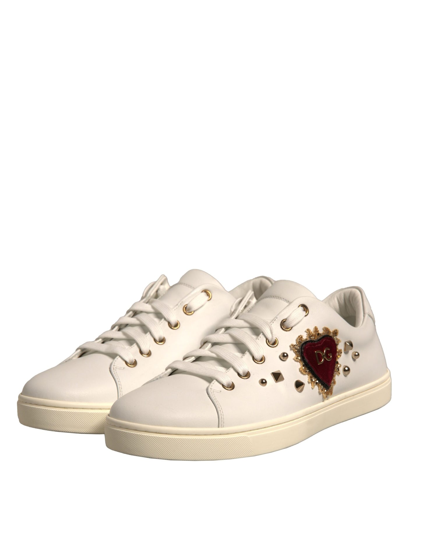 Dolce & Gabbana White Leather Gold Red Heart Sneakers Shoes