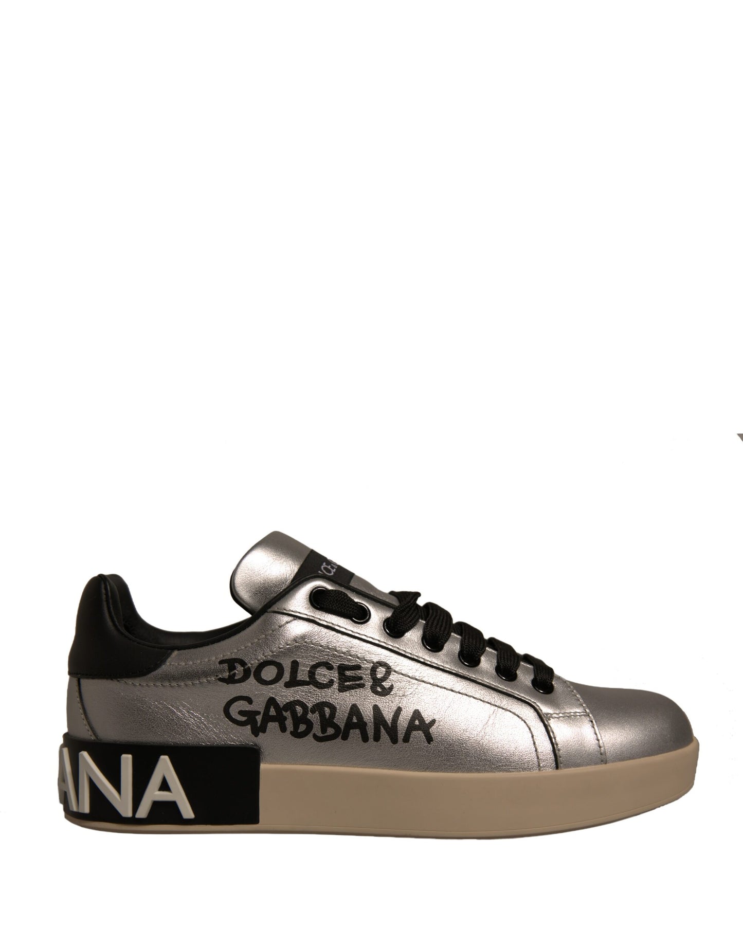 Dolce & Gabbana Silver Calf Leather Portofino Sneakers Shoes