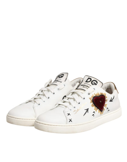 Dolce & Gabbana White Leather Heart Embellished Sneakers Shoes