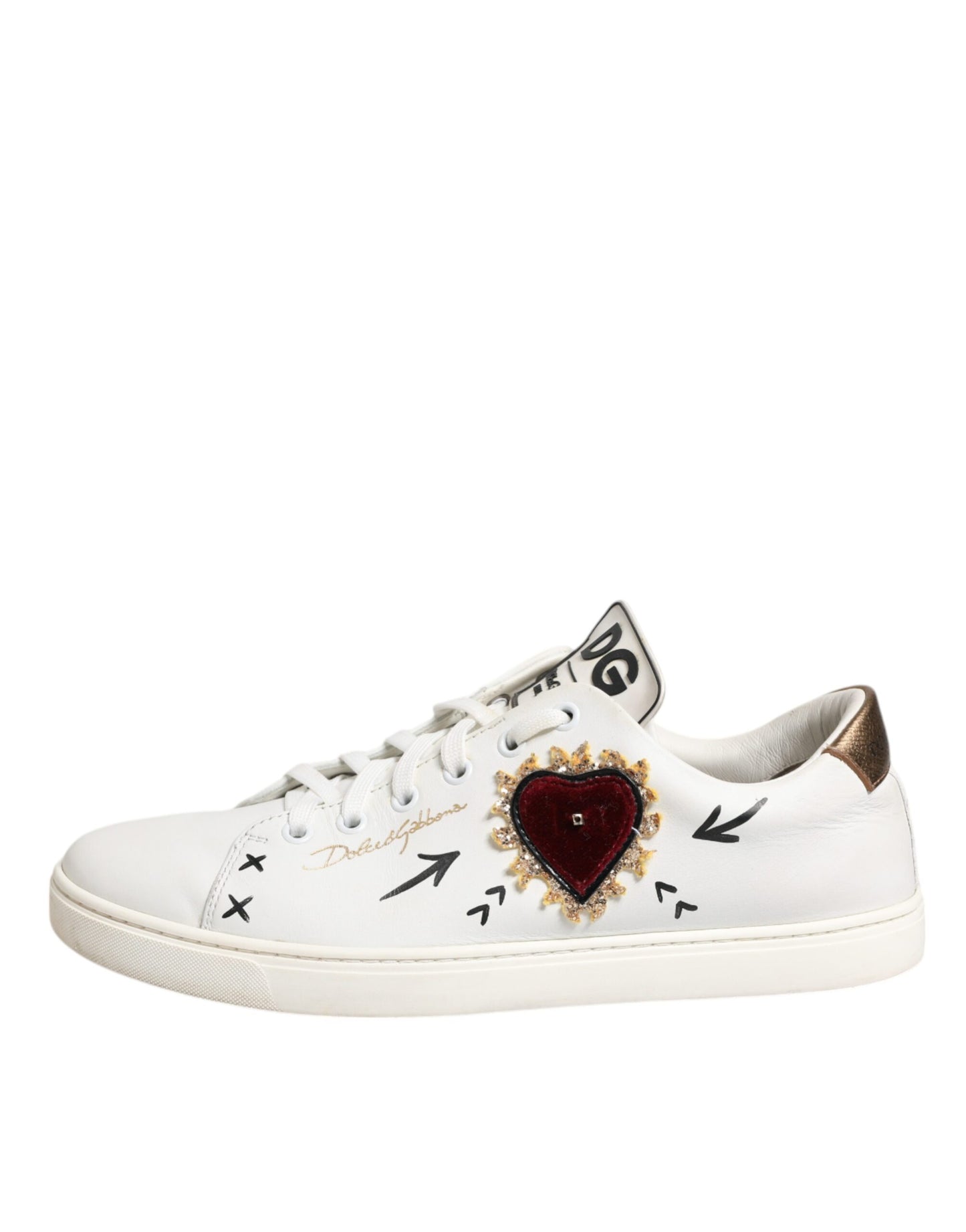 Dolce & Gabbana White Leather Heart Embellished Sneakers Shoes