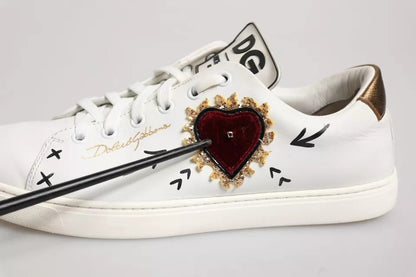 Dolce & Gabbana White Leather Heart Embellished Sneakers Shoes