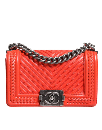 Chanel Orange Small Leather Chain Shoulder Boy Bag