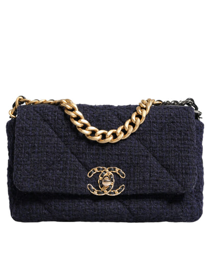 Chanel Dark Blue Medium Flap Tweed CC Gold Gray Chain Shoulder Bag