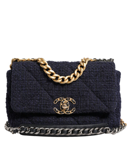 Chanel Dark Blue Medium Flap Tweed CC Gold Gray Chain Shoulder Bag