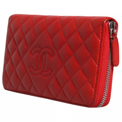 Chanel Red Quilted Leather Logo Continental Zip Box