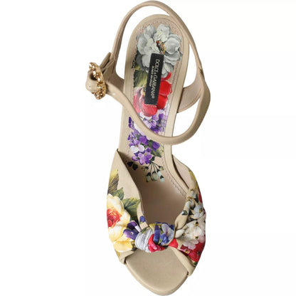 Dolce & Gabbana Beige Floral Crystal Wedge Heel Sandals Shoes