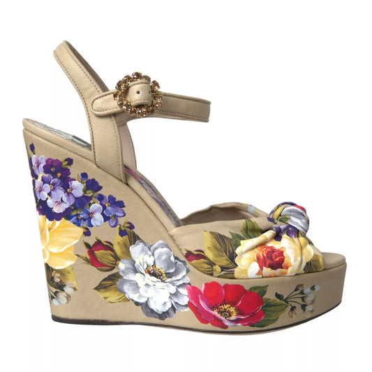 Dolce & Gabbana Beige Floral Crystal Wedge Heel Sandals Shoes