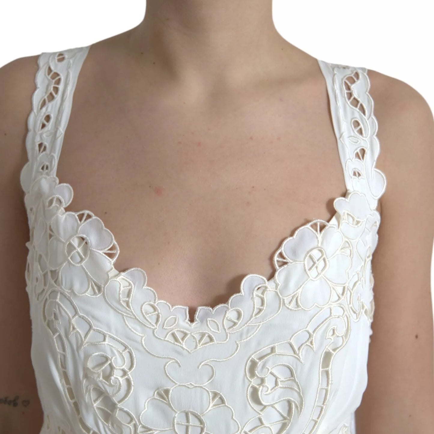 Dolce & Gabbana White Lace Silk A-line Sleeveless Long Dress