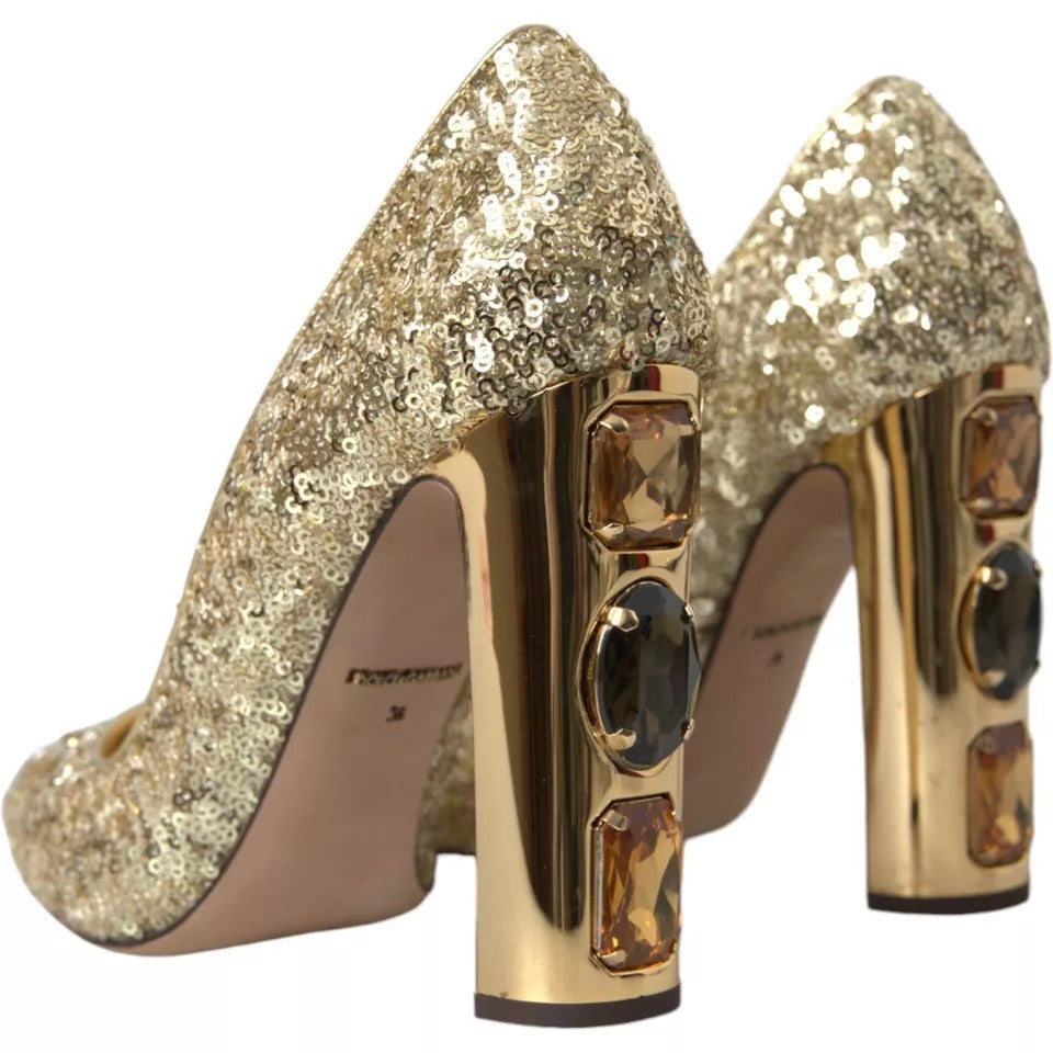 Dolce & Gabbana Gold Sequined Leather High Heels Pumps Shoes