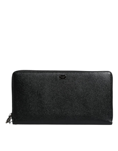 Dolce & Gabbana Black Calfskin Leather Logo Zip Around Continental Wallet