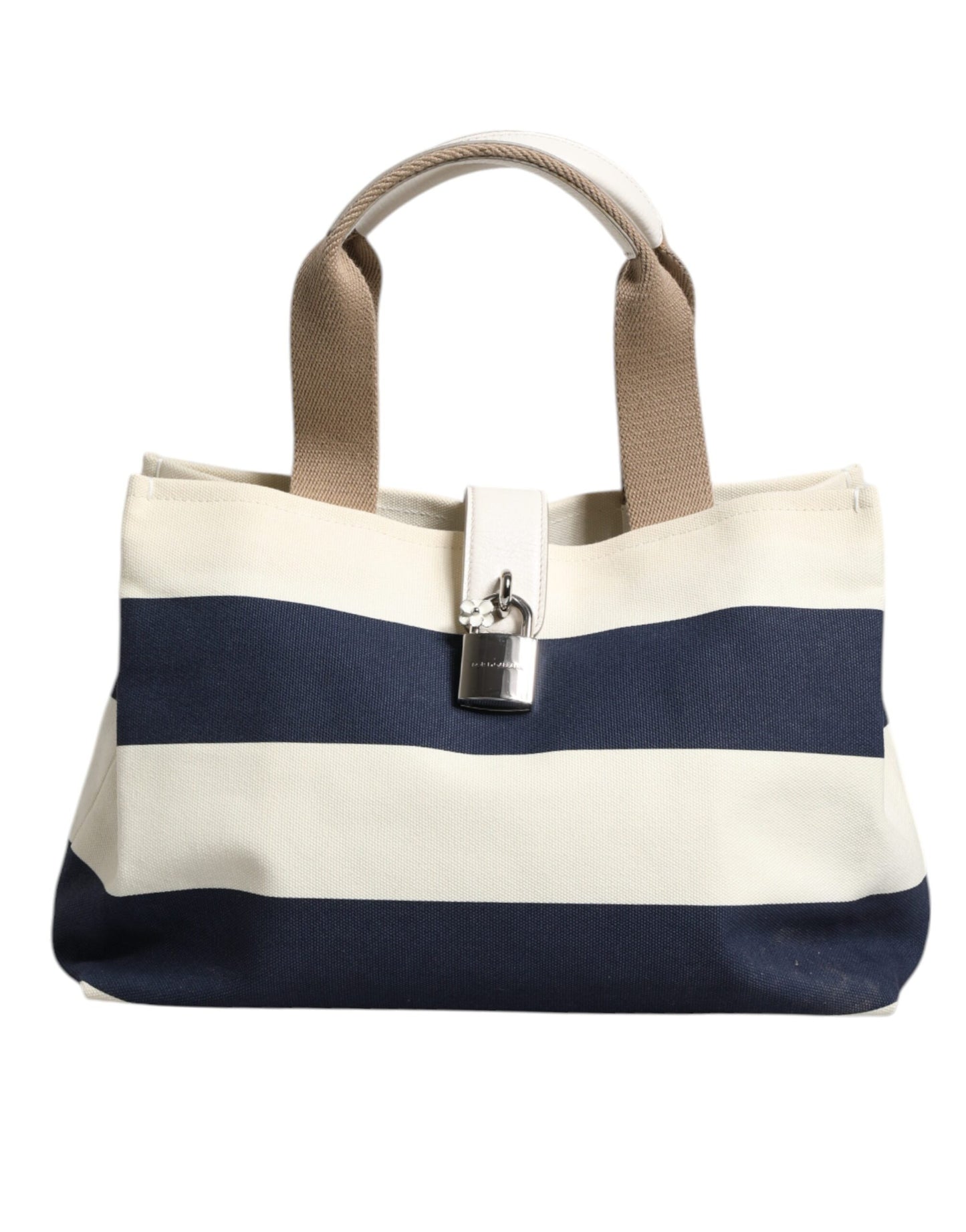 Dolce & Gabbana White Navy Striped Canvas Top Handle Tote Crossbody Bag