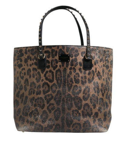 Dolce & Gabbana Brown Black Calfskin Leopard Print Shoulder Tote Bag