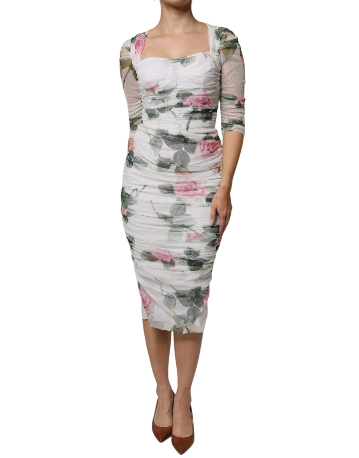 Dolce & Gabbana White Roses Print Cotton Pleated Midi Dress