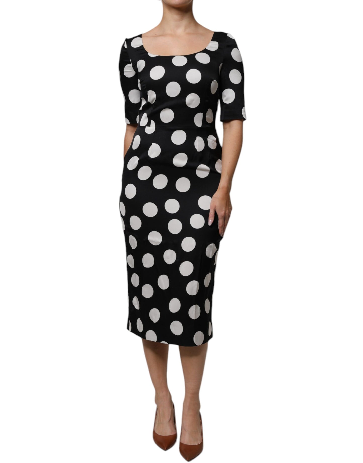 Dolce & Gabbana Black White Silk Polka Dots Sheath Midi Dress