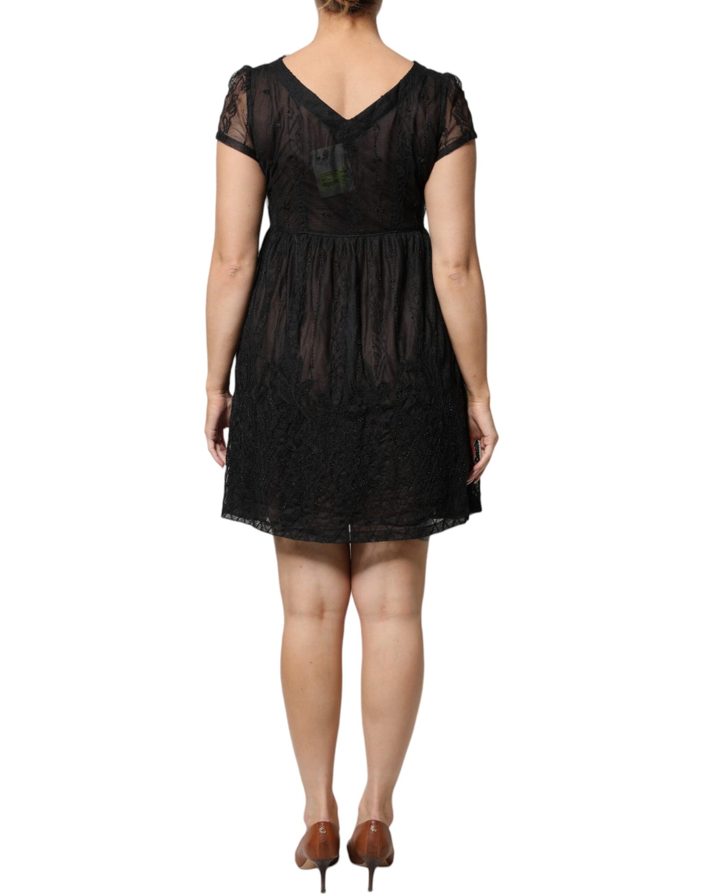 Blugirl Black Short Sleeves Floral Lace Trim A-line Mini Dress