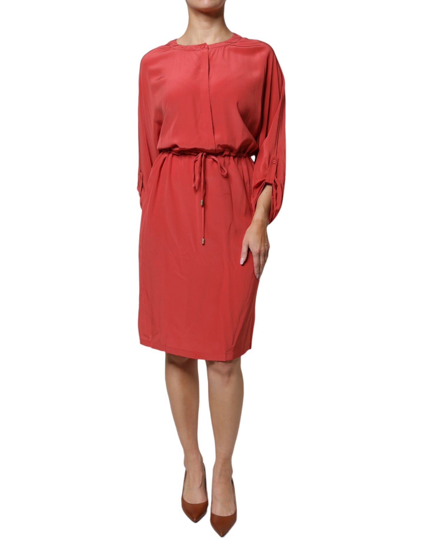 Peserico Red Long Sleeves Pencil Cut Drawstring Waist Dress