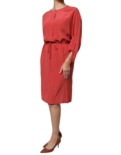 Peserico Red Long Sleeves Pencil Cut Drawstring Waist Dress