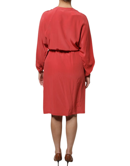 Peserico Red Long Sleeves Pencil Cut Drawstring Waist Dress