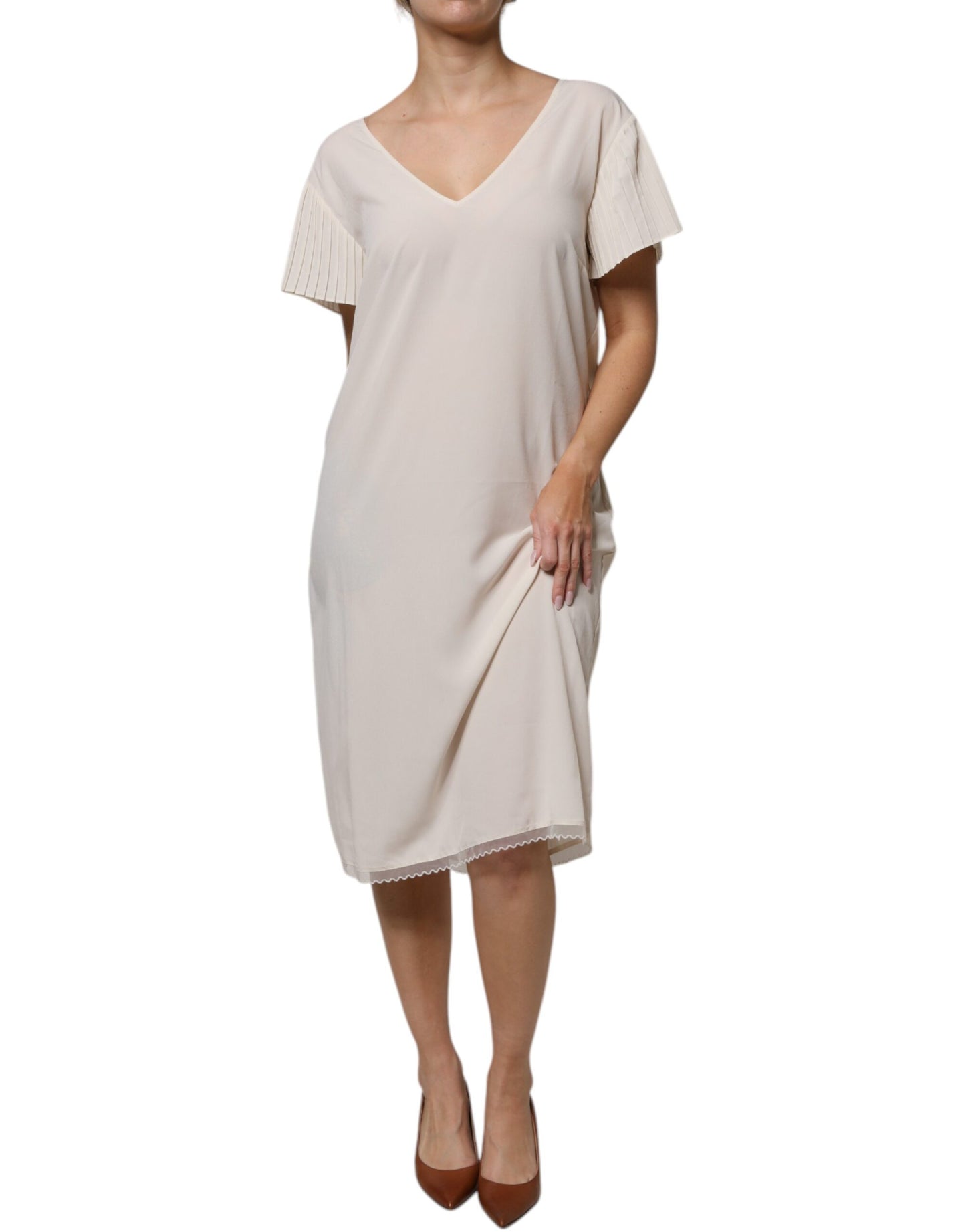 Peserico Off White Short Sleeves V-neck Shift Midi Dress